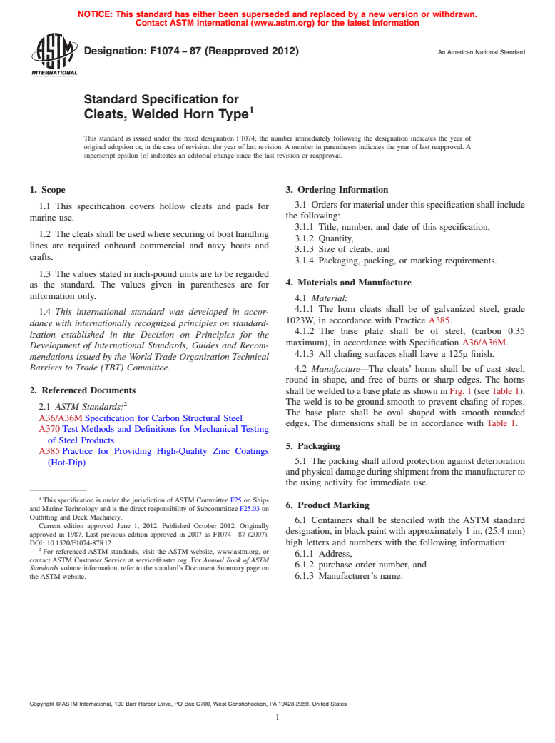 ASTM F1074-87(2012) - Standard Specification for  Cleats, Welded Horn Type