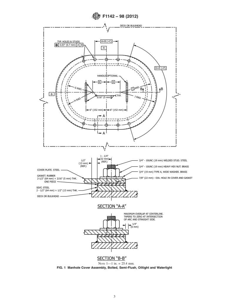 ASTM F1142-98(2012) - Standard Specification for  Manhole Cover Assembly, Bolted, Semi-Flush, Oiltight and Watertight