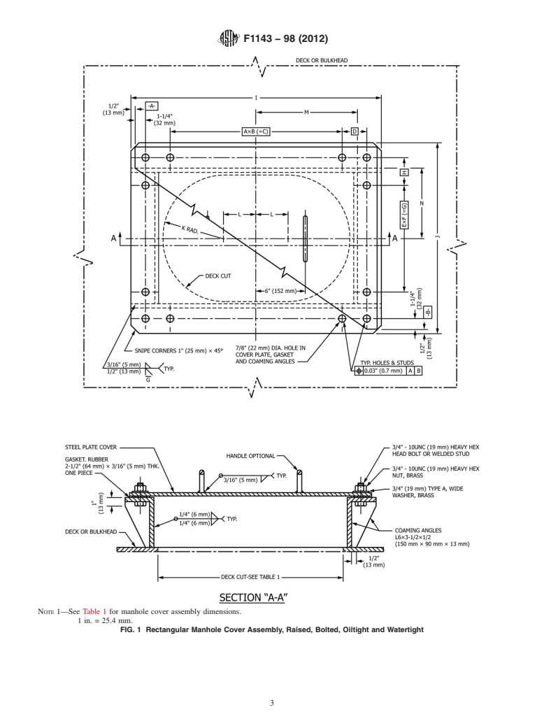 ASTM F1143-98(2012) - Standard Specification for  Manhole Cover Assembly, Bolted, Raised, Oiltight and Watertight