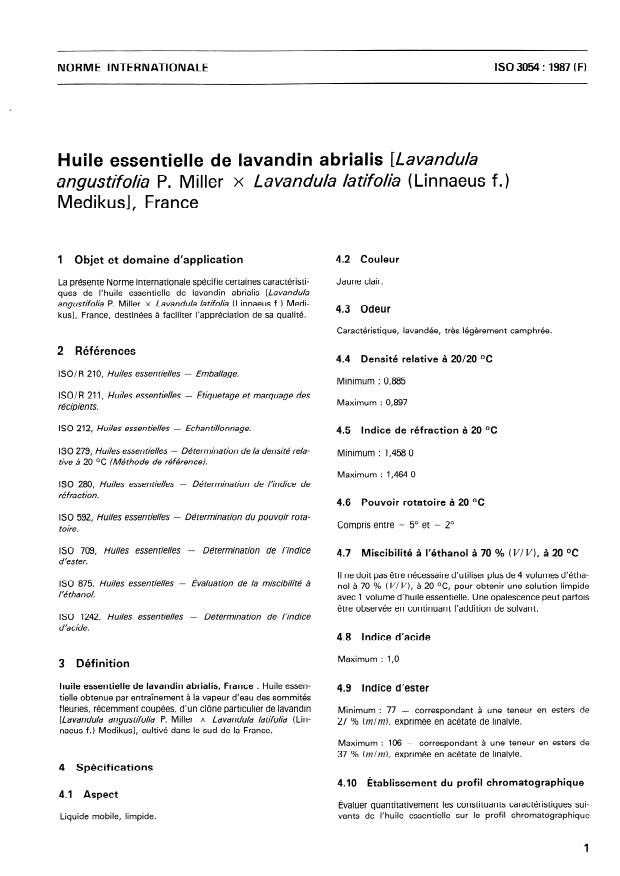 ISO 3054:1987 - Huile essentielle de lavandin abrialis (Lavandula angustifolia P. Miller x Lavandula latifolia (Linnaeus f.) Medikus), France
