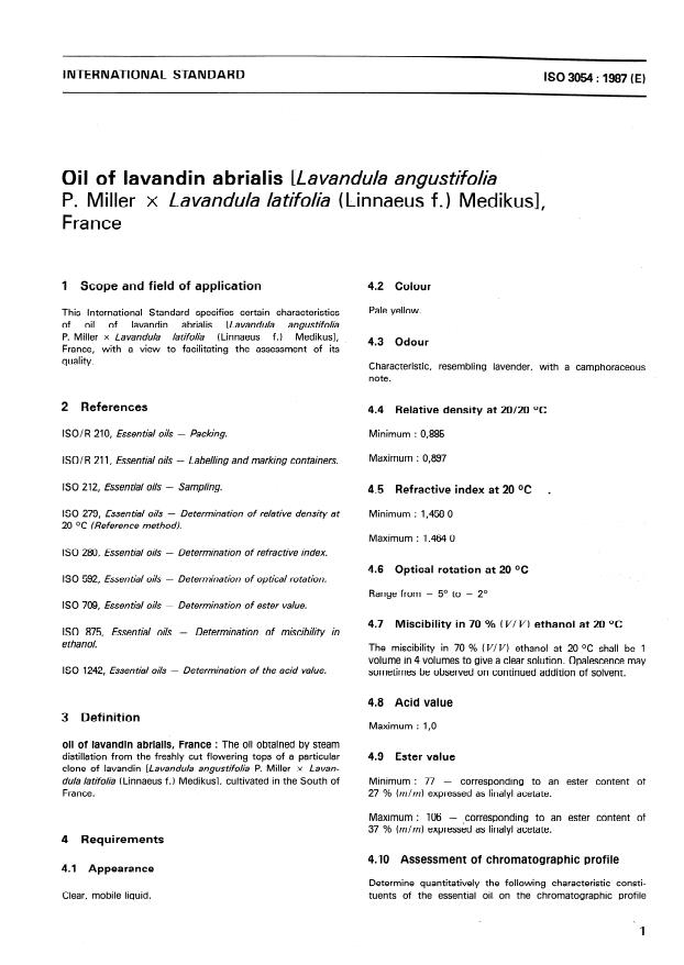 ISO 3054:1987 - Oil of lavandin abrialis (Lavandula angustifolia P. Miller x Lavandula latifolia (Linnaeus f.) Medikus), France