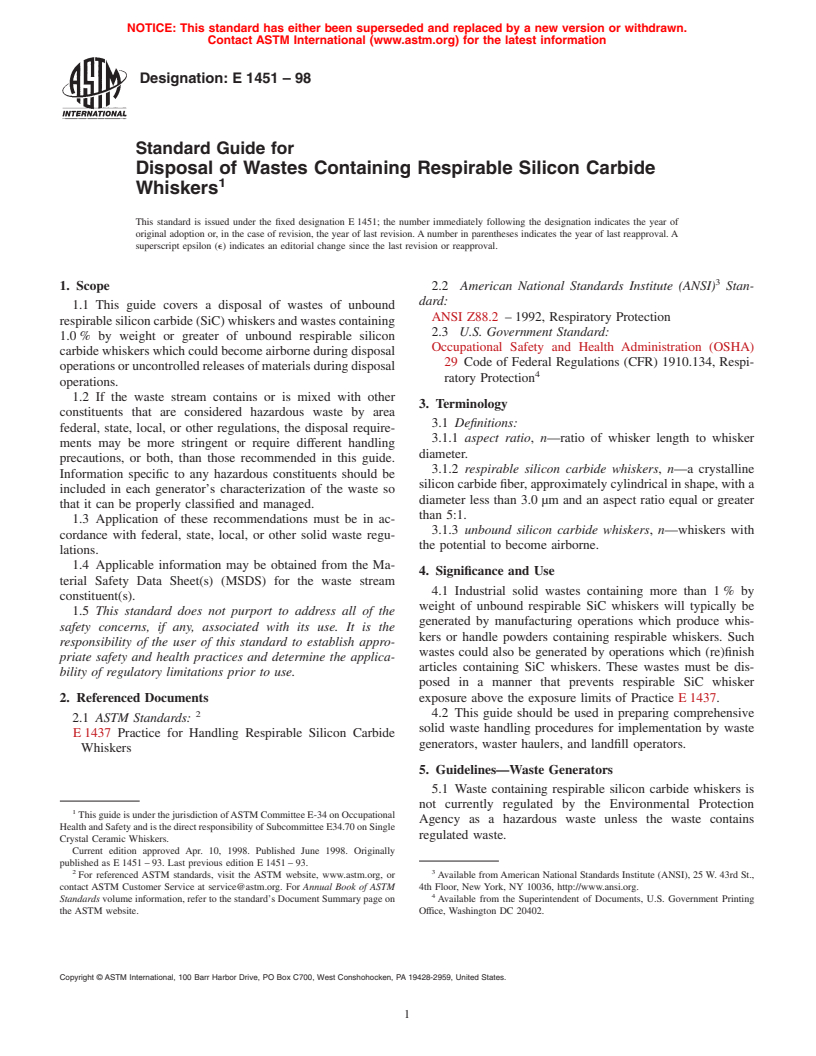 ASTM E1451-98 - Standard Guide for Disposal of Wastes Containing Silicon Carbide Whiskers and Fibers (Withdrawn 2007)