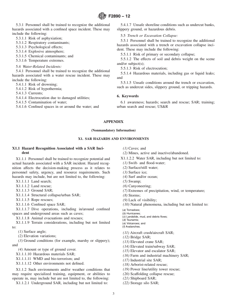 ASTM F2890-12 - Standard Guide for Hazard Awareness for Search and Rescue Personnel