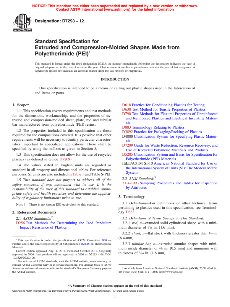 ASTM D7293-12 - Standard Specification for Extruded and Compression-Molded Shapes Made from Polyetherimide (PEI)