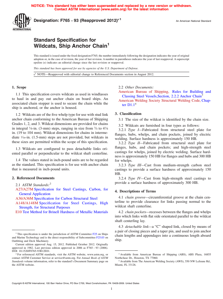 ASTM F765-93(2012)e1 - Standard Specification for Wildcats, Ship Anchor Chain