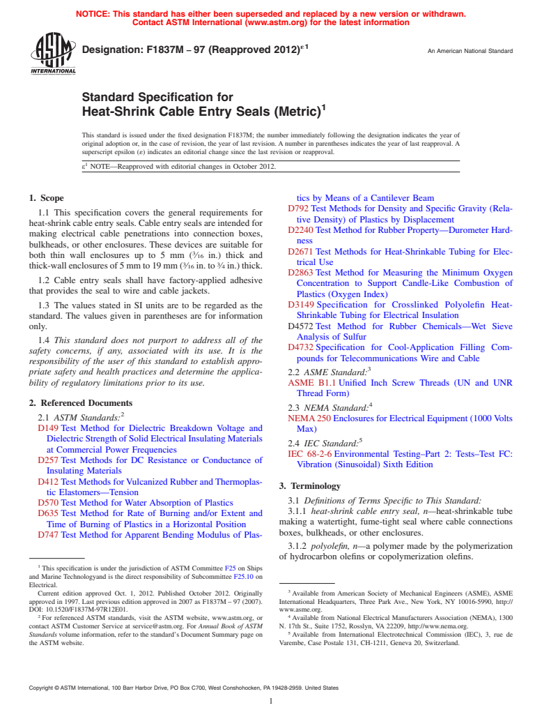 ASTM F1837M-97(2012)e1 - Standard Specification for Heat-Shrink Cable Entry Seals (Metric)