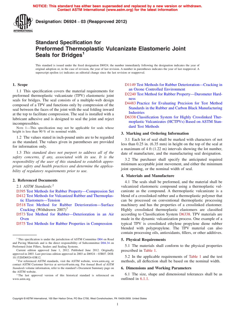 ASTM D6924-03(2012) - Standard Specification for Preformed Thermoplastic Vulcanizate Elastomeric Joint Seals for Bridges