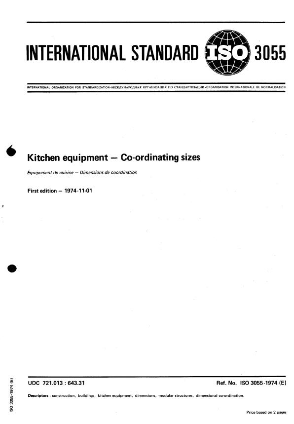 ISO 3055:1974 - Kitchen equipment -- Co-ordinating sizes