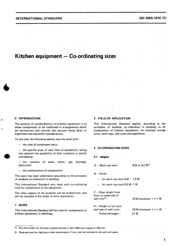 ISO 3055:1974 - Kitchen equipment -- Co-ordinating sizes