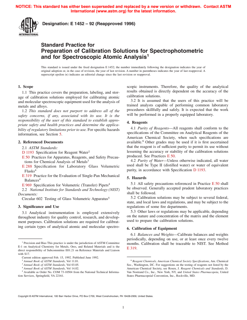 ASTM E1452-92(1996) - Standard Practice for Preparation of Calibration Solutions for Spectrophotometric and for Spectroscopic Atomic Analysis (Withdrawn 2005)