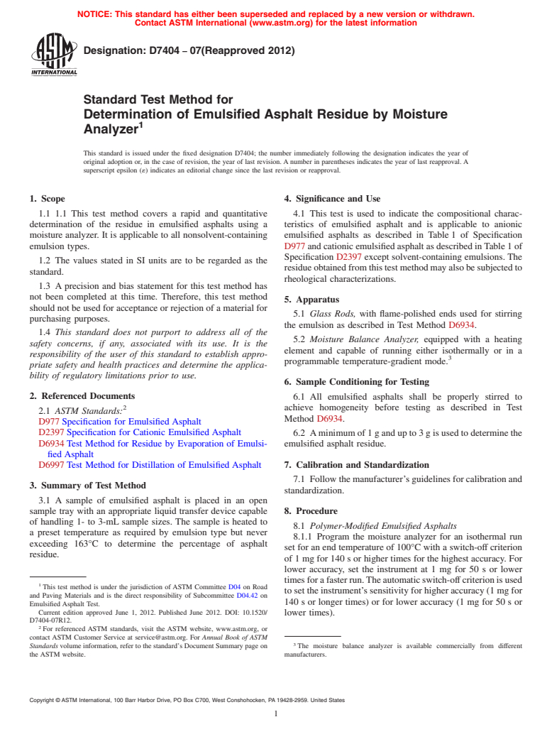 ASTM D7404-07(2012) - Standard Test Method for Determination of Emulsified Asphalt Residue by Moisture Analyzer