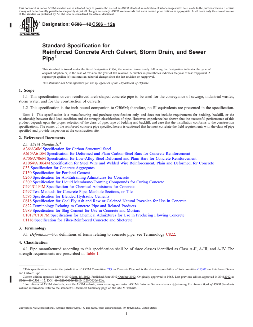 REDLINE ASTM C506-12a - Standard Specification for Reinforced Concrete Arch Culvert, Storm Drain, and Sewer Pipe
