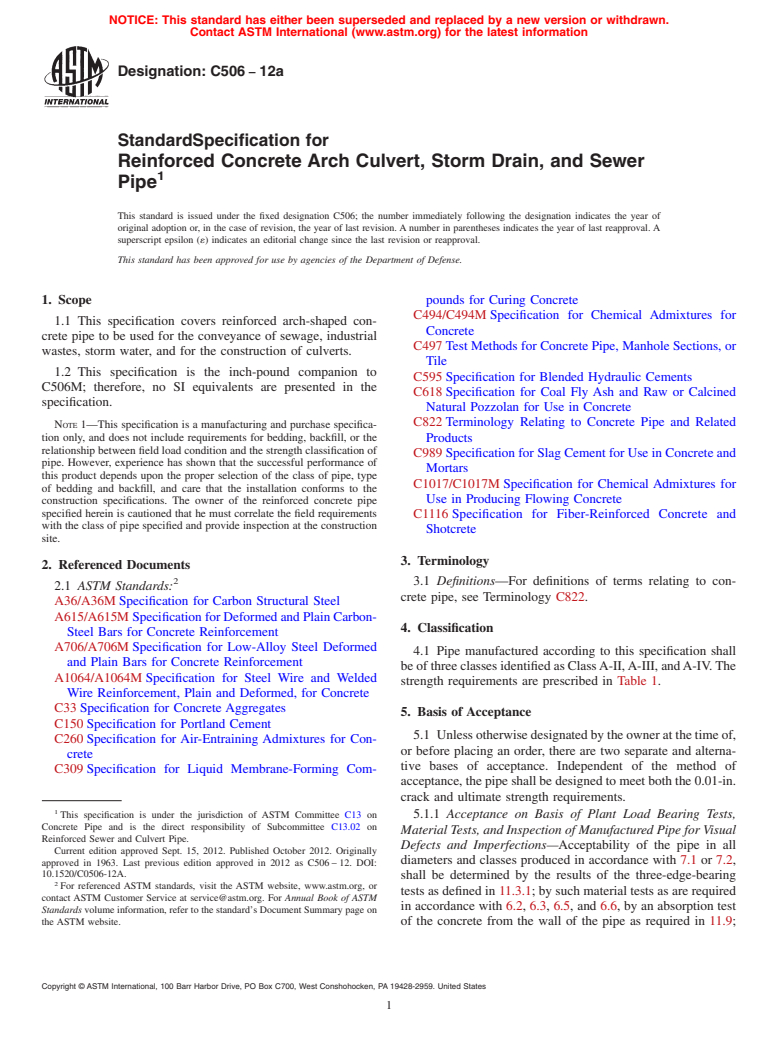 ASTM C506-12a - Standard Specification for Reinforced Concrete Arch Culvert, Storm Drain, and Sewer Pipe