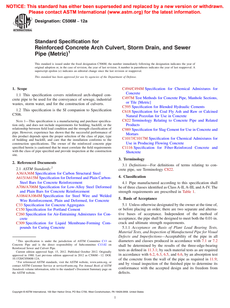 ASTM C506M-12a - Standard Specification for Reinforced Concrete Arch Culvert, Storm Drain, and Sewer Pipe (Metric)