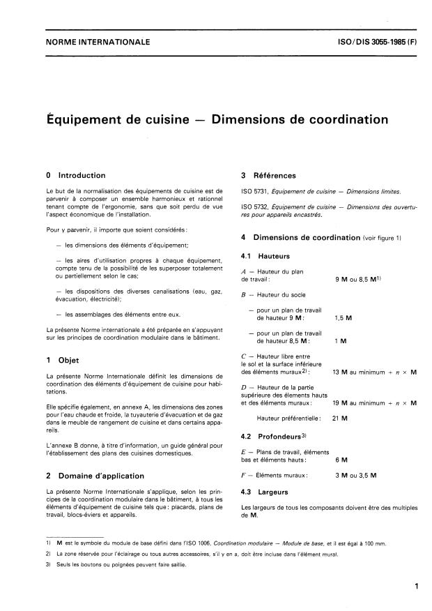 ISO 3055:1985 - Équipement de cuisine -- Dimensions de coordination