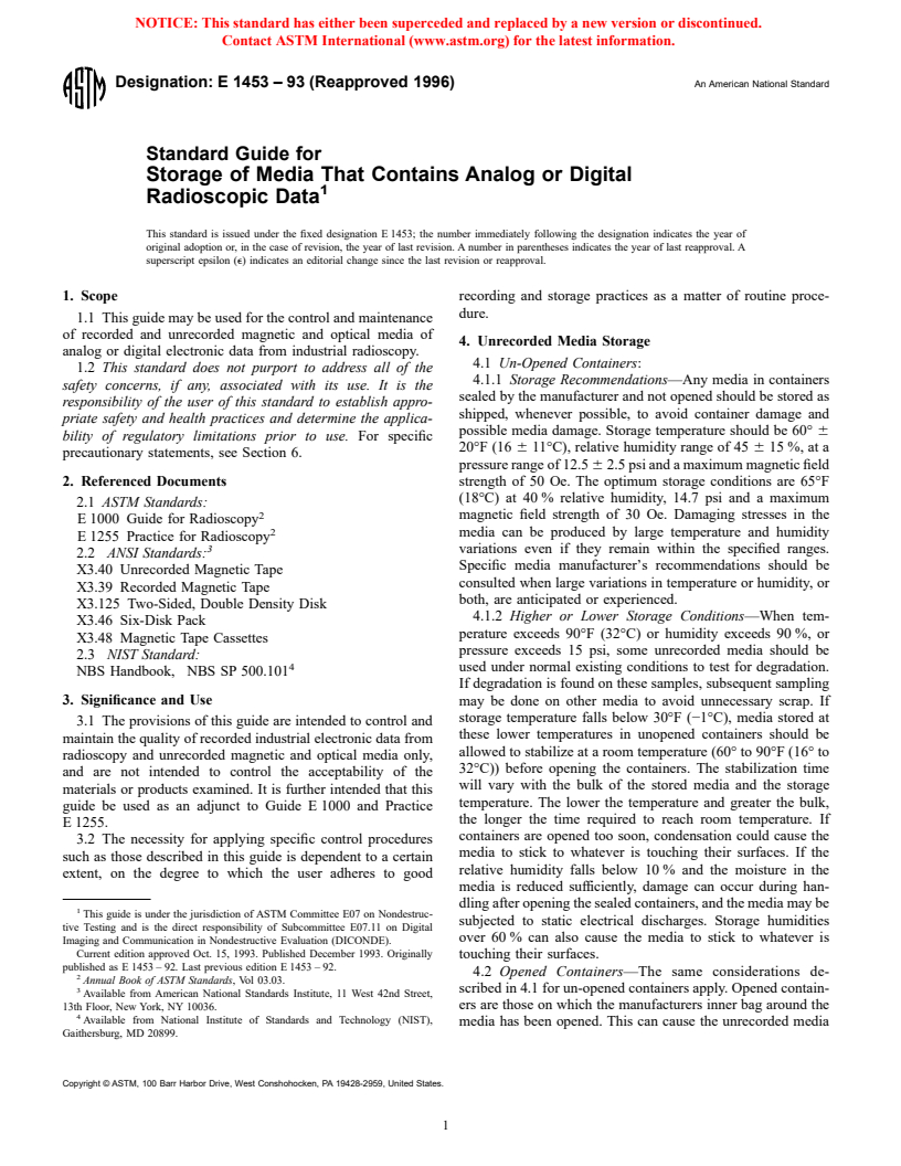 ASTM E1453-93(1996) - Standard Guide for Storage of Media That Contains Analog or Digital Radioscopic Data