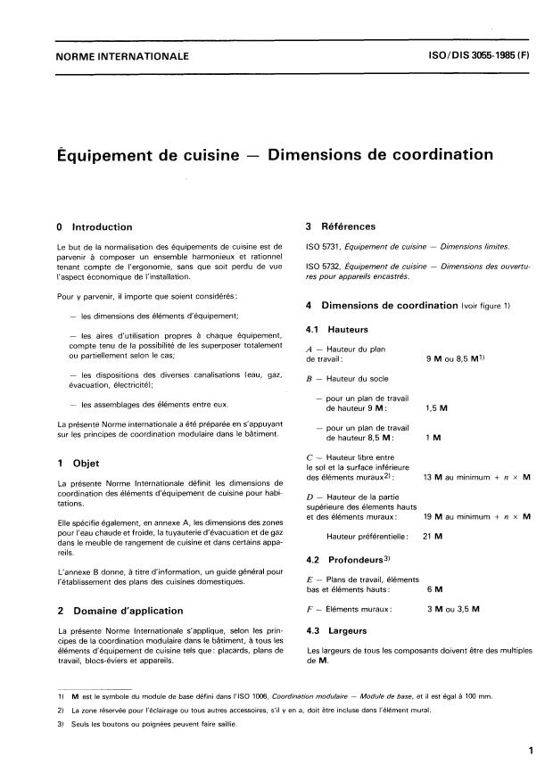 ISO 3055:1985 - Équipement de cuisine -- Dimensions de coordination