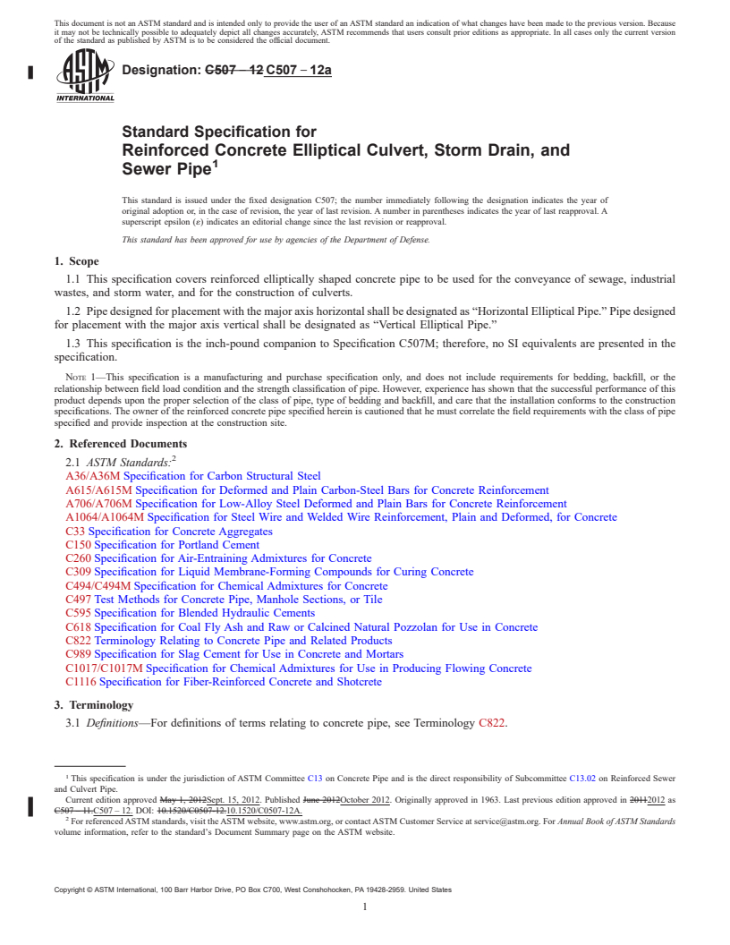 REDLINE ASTM C507-12a - Standard Specification for Reinforced Concrete Elliptical Culvert, Storm Drain, and Sewer Pipe