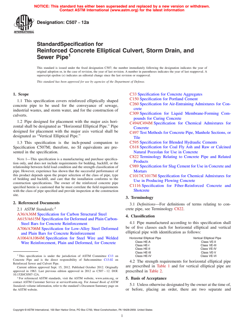 ASTM C507-12a - Standard Specification for Reinforced Concrete Elliptical Culvert, Storm Drain, and Sewer Pipe
