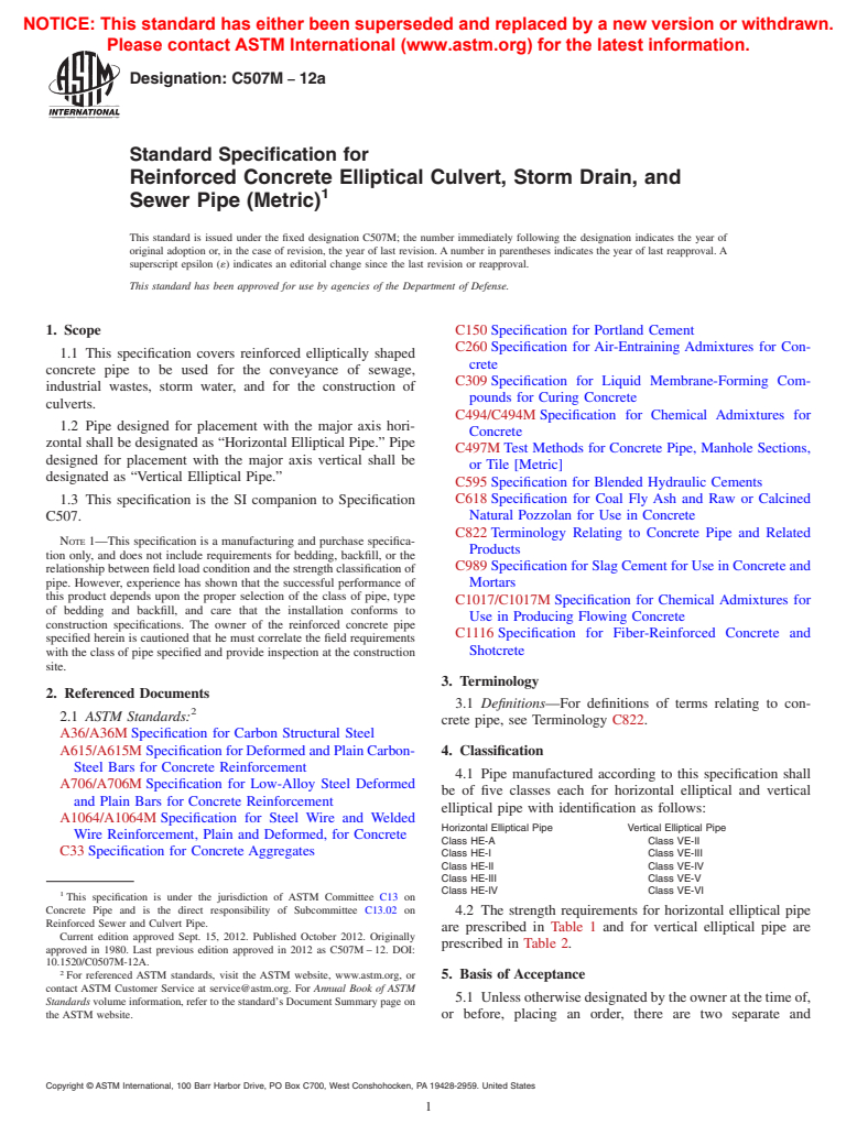 ASTM C507M-12a - Standard Specification for Reinforced Concrete Elliptical Culvert, Storm Drain, and Sewer Pipe (Metric)