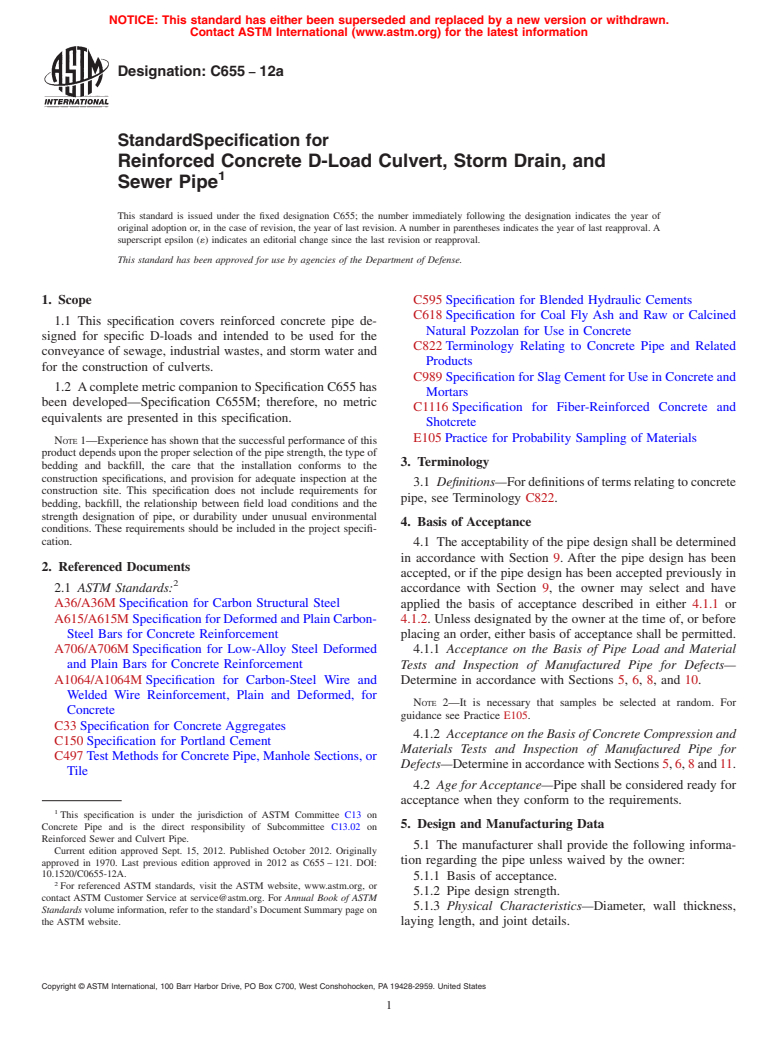 ASTM C655-12a - Standard Specification for Reinforced Concrete D-Load Culvert, Storm Drain, and Sewer Pipe
