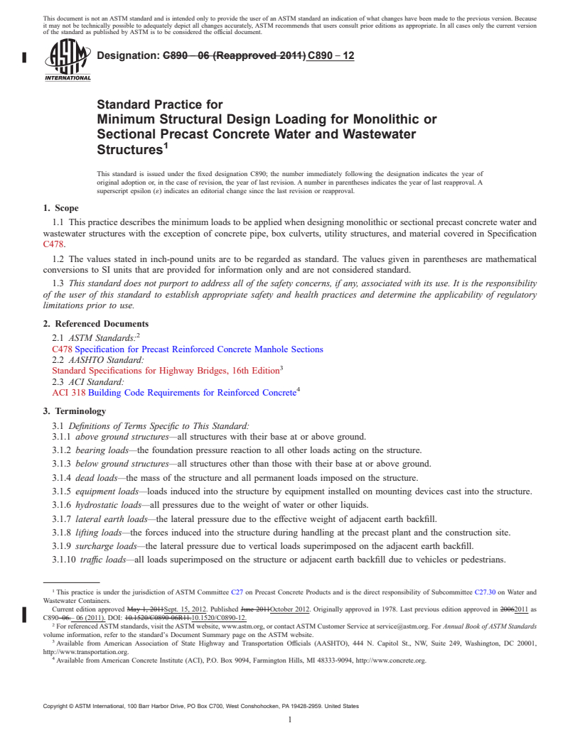 REDLINE ASTM C890-12 - Standard Practice for  Minimum Structural Design Loading for Monolithic or Sectional   Precast Concrete Water and Wastewater Structures
