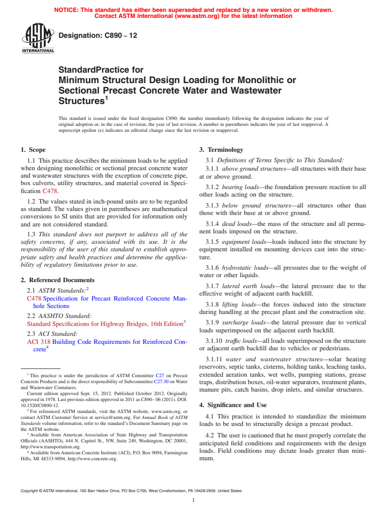 ASTM C890-12 - Standard Practice for  Minimum Structural Design Loading for Monolithic or Sectional   Precast Concrete Water and Wastewater Structures