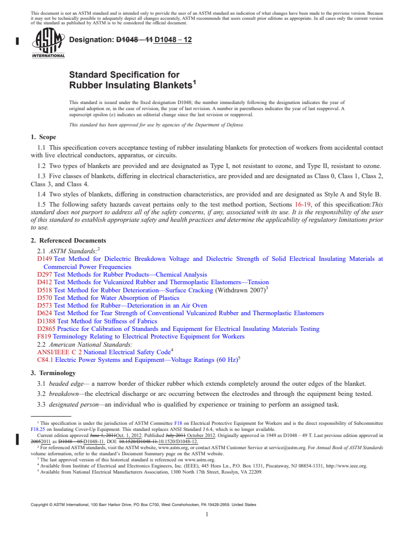 REDLINE ASTM D1048-12 - Standard Specification for  Rubber Insulating Blankets