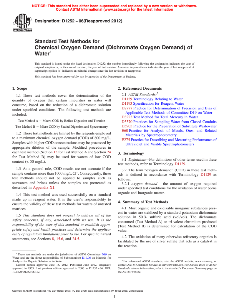 ASTM D1252-06(2012) - Standard Test Methods for Chemical Oxygen Demand (Dichromate Oxygen Demand) of Water