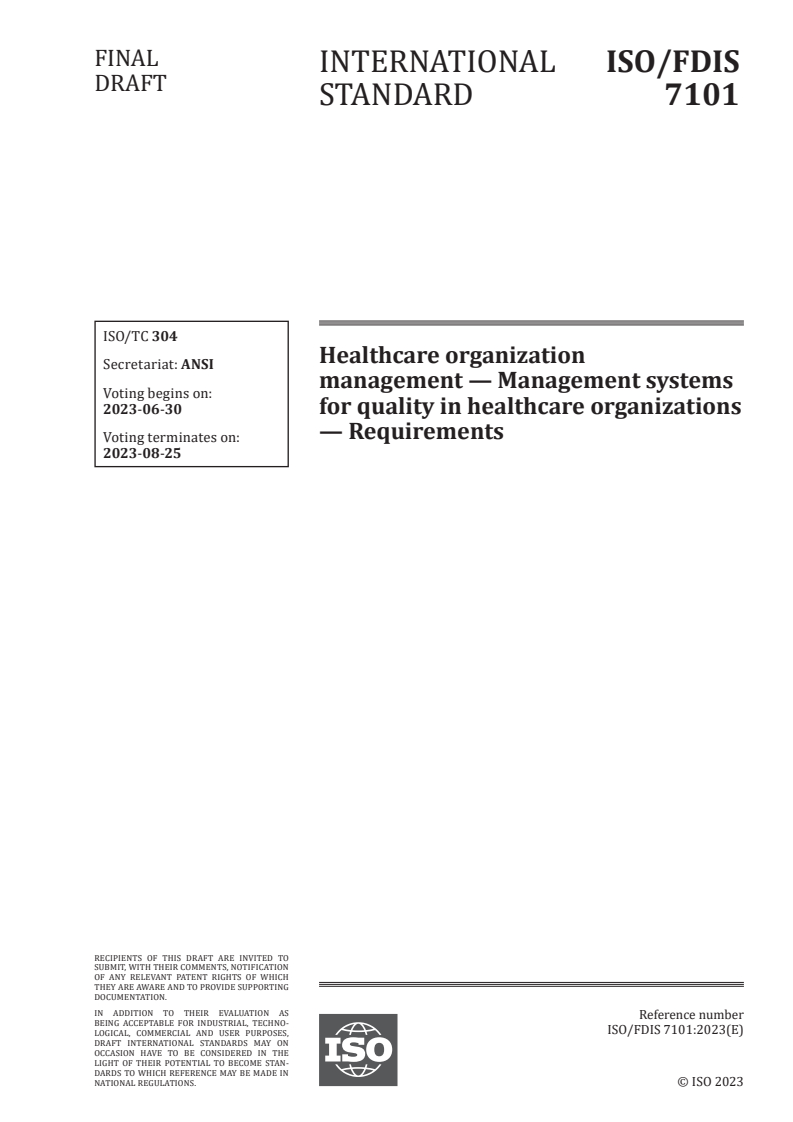 ISO 7101 - Healthcare organization management — Management systems for quality in healthcare organizations — Requirements
Released:16. 06. 2023