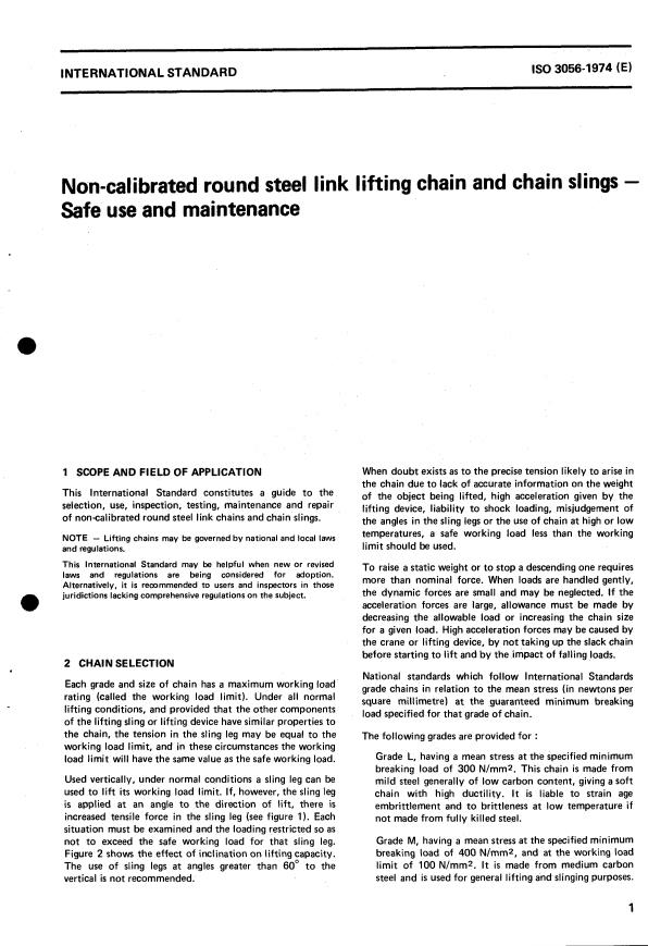 ISO 3056:1974 - Non-calibrated round steel link lifting chain and chain slings -- Safe use and maintenance