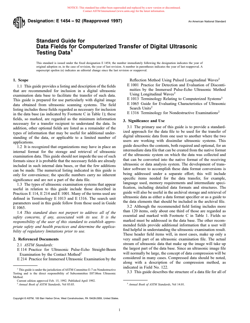 ASTM E1454-92(1997) - Standard Guide for Data Fields for Computerized Transfer of Digital Ultrasonic Testing Data