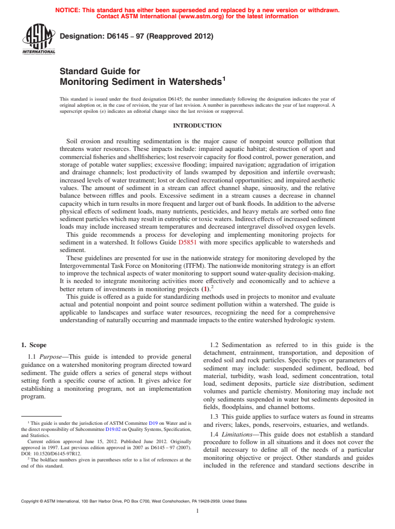 ASTM D6145-97(2012) - Standard Guide for Monitoring Sediment in Watersheds