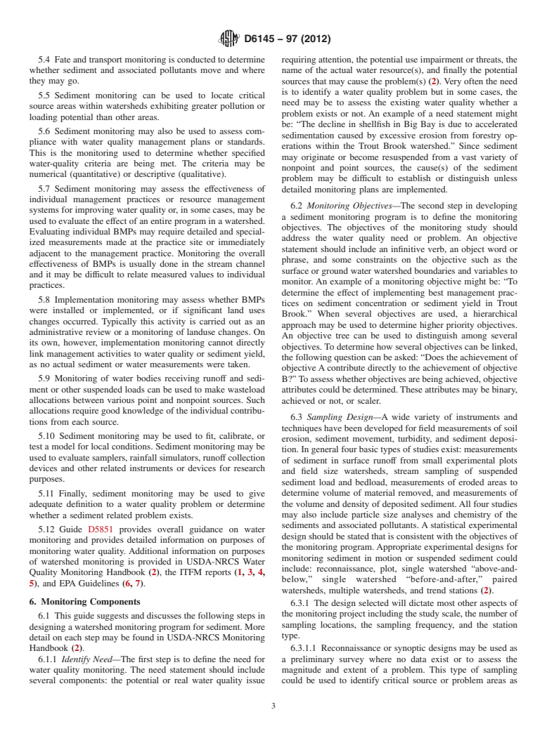 ASTM D6145-97(2012) - Standard Guide for Monitoring Sediment in Watersheds