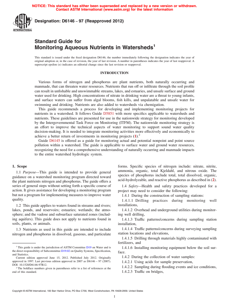 ASTM D6146-97(2012) - Standard Guide for Monitoring Aqueous Nutrients in Watersheds