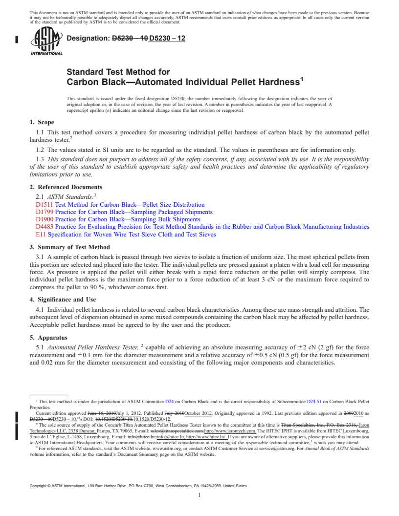 REDLINE ASTM D5230-12 - Standard Test Method for Carbon Black&mdash;Automated Individual Pellet Hardness