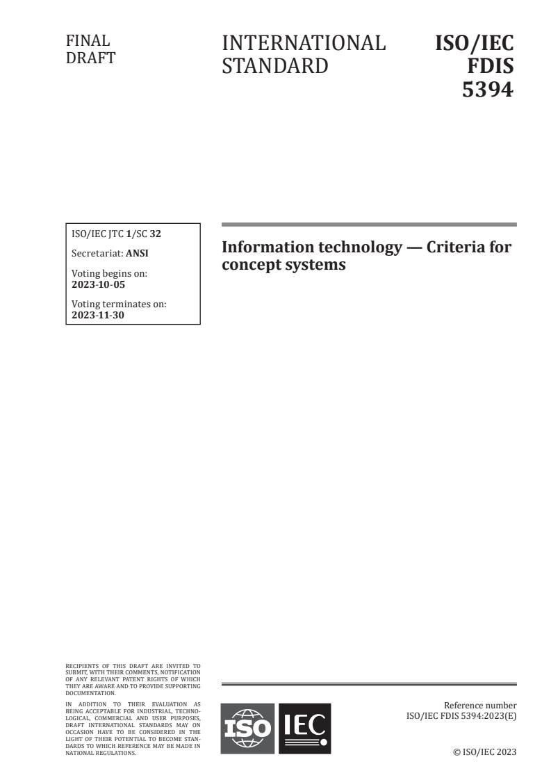 ISO/IEC FDIS 5394 - Information technology — Criteria for concept systems
Released:21. 09. 2023