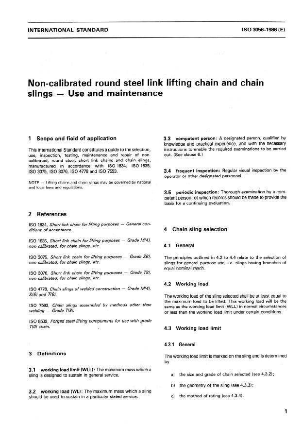 ISO 3056:1986 - Non-calibrated round steel link lifting chain and chain slings -- Use and maintenance