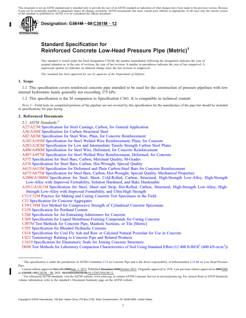 REDLINE ASTM C361M-12 - Standard Specification for Reinforced Concrete Low-Head Pressure Pipe (Metric)