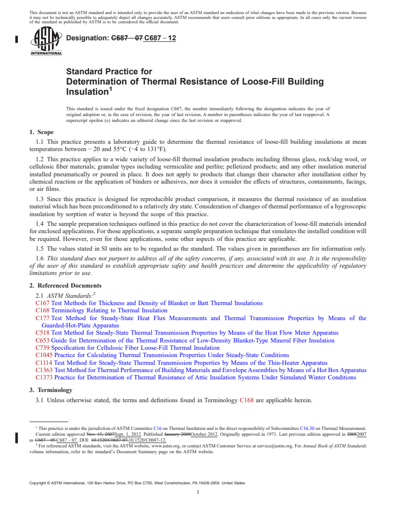 REDLINE ASTM C687-12 - Standard Practice for  Determination of Thermal Resistance of Loose-Fill Building  Insulation