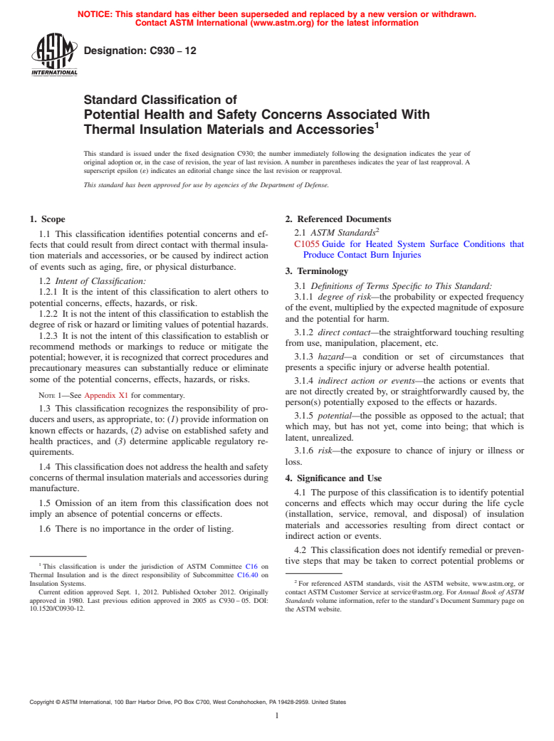 ASTM C930-12 - Standard Classification of  Potential Health and Safety Concerns Associated With Thermal  Insulation Materials and Accessories