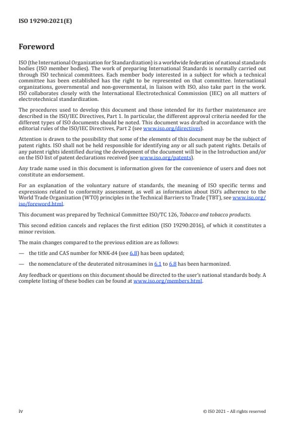 ISO 19290:2021 ISO 19290:2021 - Cigarettes -- Determination of tobacco specific nitrosamines in mainstream cigarette smoke -- Method using LC-MS/MS - Page 4 preview