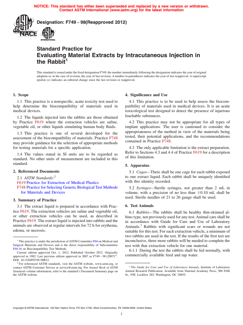 ASTM F749-98(2012) - Standard Practice for  Evaluating Material Extracts by Intracutaneous Injection in  the Rabbit