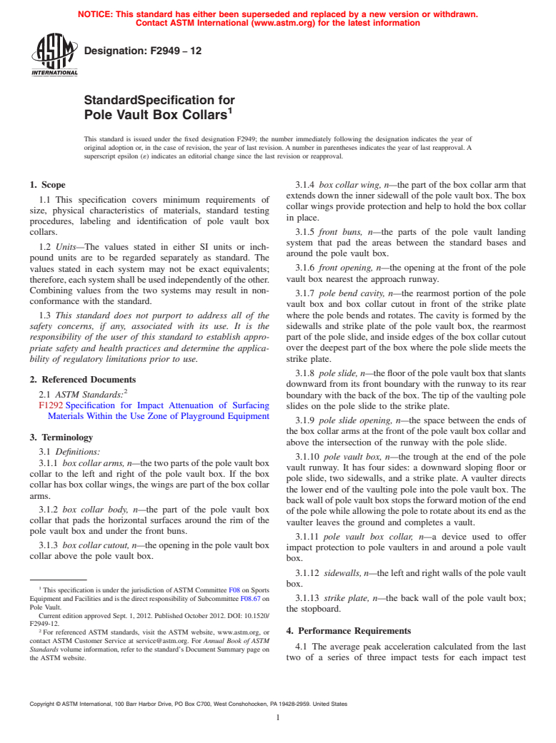 ASTM F2949-12 - Standard Specification for Pole Vault Box Collars