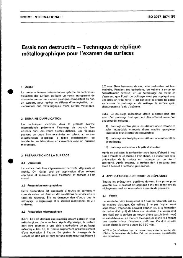 ISO 3057:1974 - Essais non destructifs -- Techniques de réplique métallographique pour l'examen des surfaces