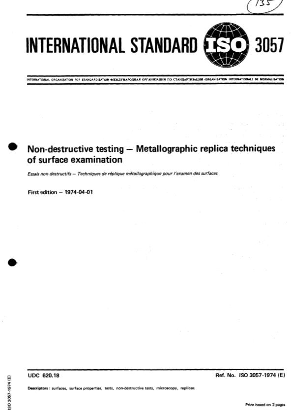 ISO 3057:1974 - Non-destructive testing -- Metallographic replica techniques of surface examination