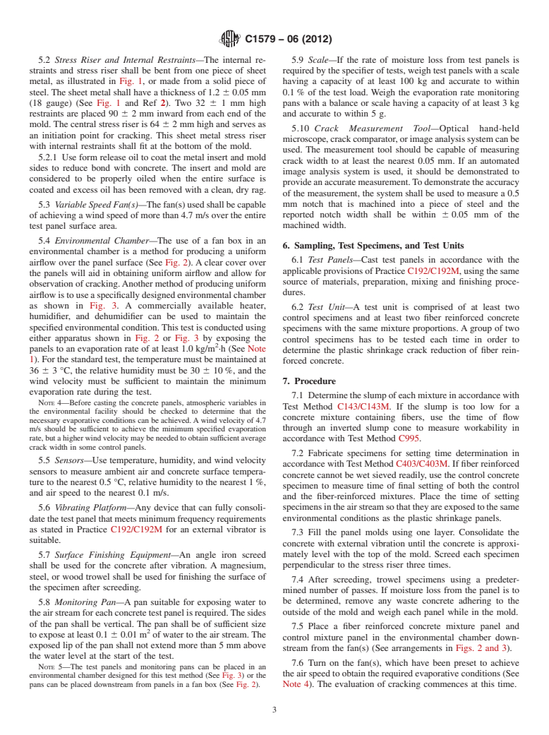 ASTM C1579-06(2012) - Standard Test Method for  Evaluating Plastic Shrinkage Cracking of Restrained Fiber Reinforced  Concrete (Using a Steel Form Insert)