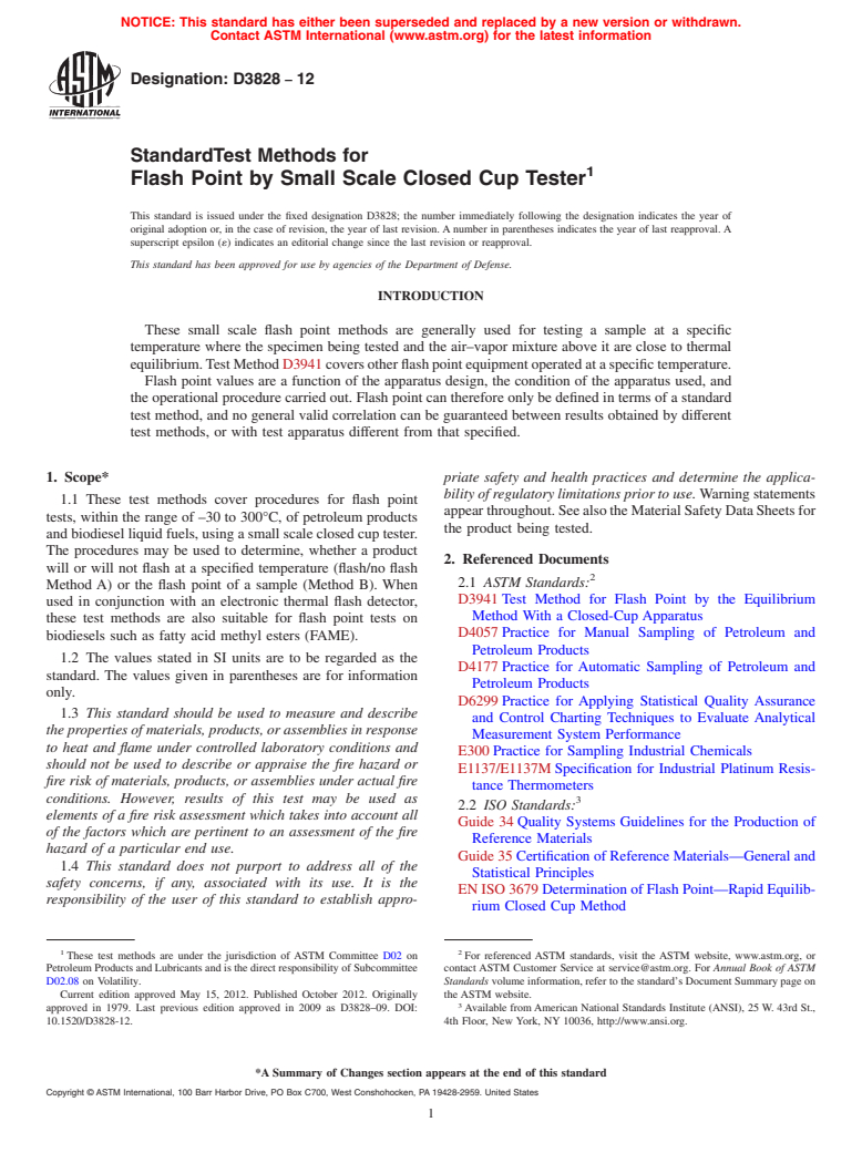 ASTM D3828-12 - Standard Test Methods for Flash Point by Small Scale Closed Cup Tester
