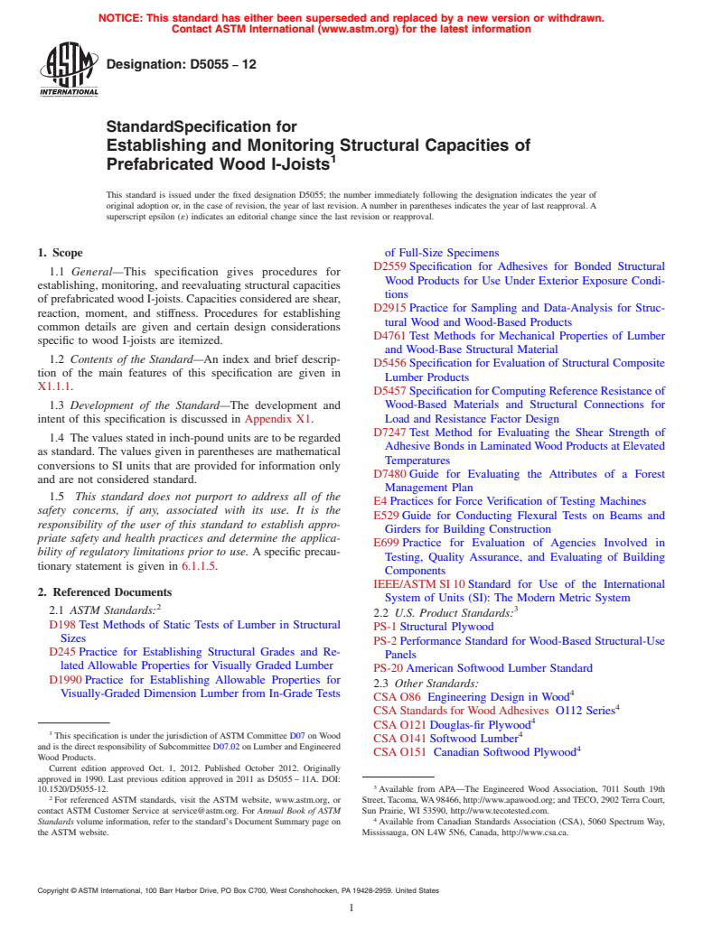 ASTM D5055-12 - Standard Specification for Establishing and Monitoring Structural Capacities of Prefabricated Wood I-Joists