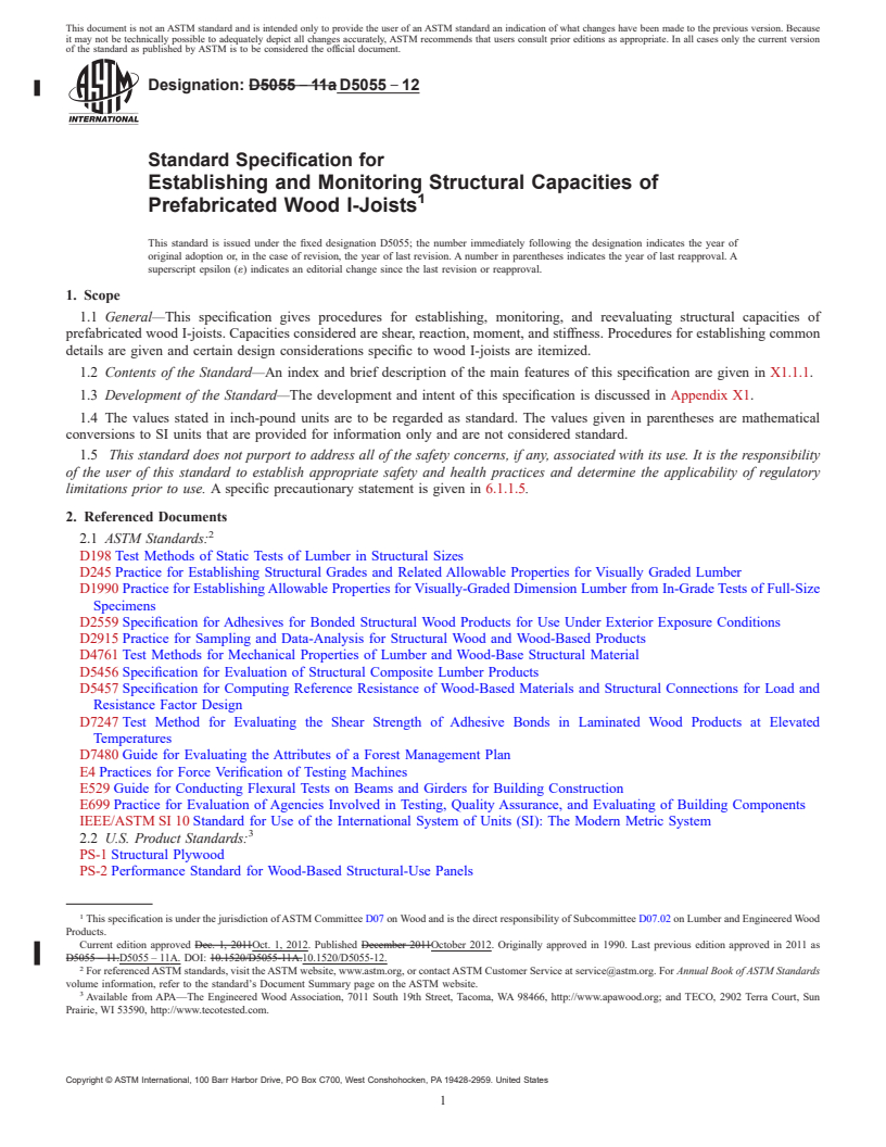 REDLINE ASTM D5055-12 - Standard Specification for Establishing and Monitoring Structural Capacities of Prefabricated Wood I-Joists